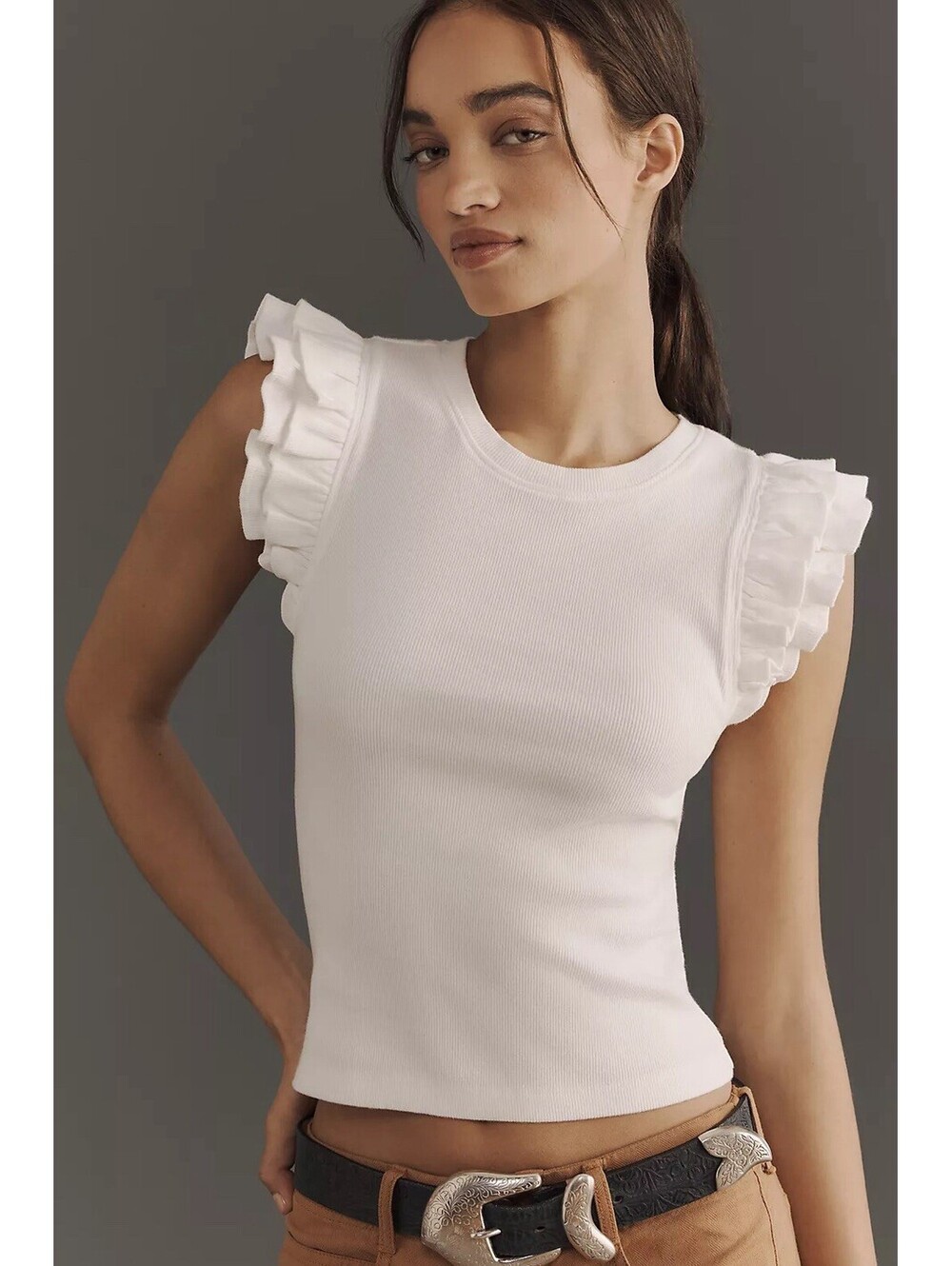 MAEVE by Anthropologie NWT Slim-Fit Ribbed Ruffle Tank Top In Ivory-Medium